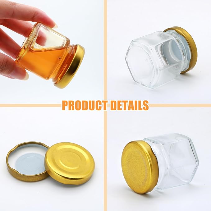 XING-RUIYANG 60 pack 1.5 oz Mini Honey Jars，baby shower favors,There's honey sticks, bee pendants, stickers and gold goodie bags，Suitable for wedding party gifts
