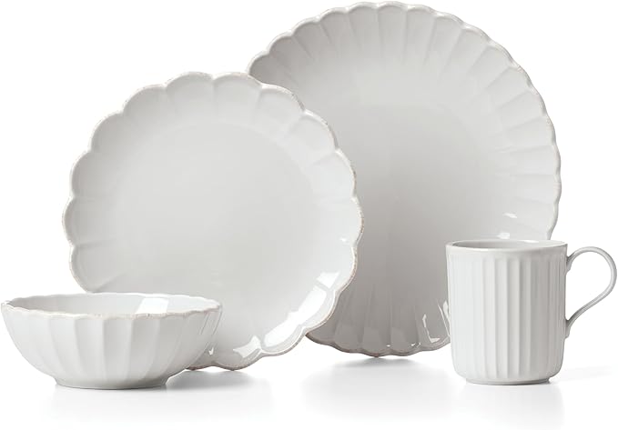Lenox Dinnerware Set, French Perle Scallop 4-Piece Place Setting, Service For 1, Dinnerware Set, Stoneware, Includes Plates, Bowl, and Mug, Dishwasher And Microwave Safe, Dish Set (White, 4 Piece)