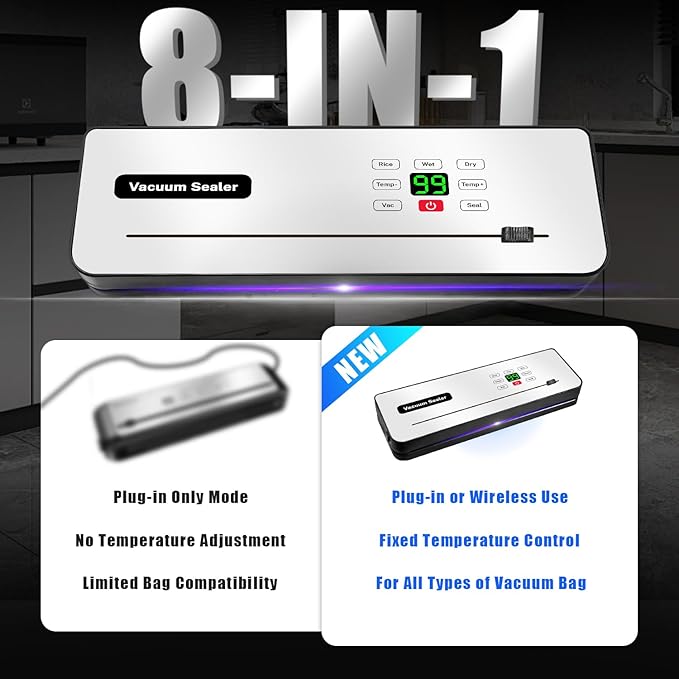 Cordless Vacuum Sealer Machine with UV-C Light, Digital Display & Built-in Cutter, Compact Rechargeable Food vacuum Sealer for Dry & Moist Foods, Includes 10 Pre-cut Bags & 1 Roll Bag (Sliver)