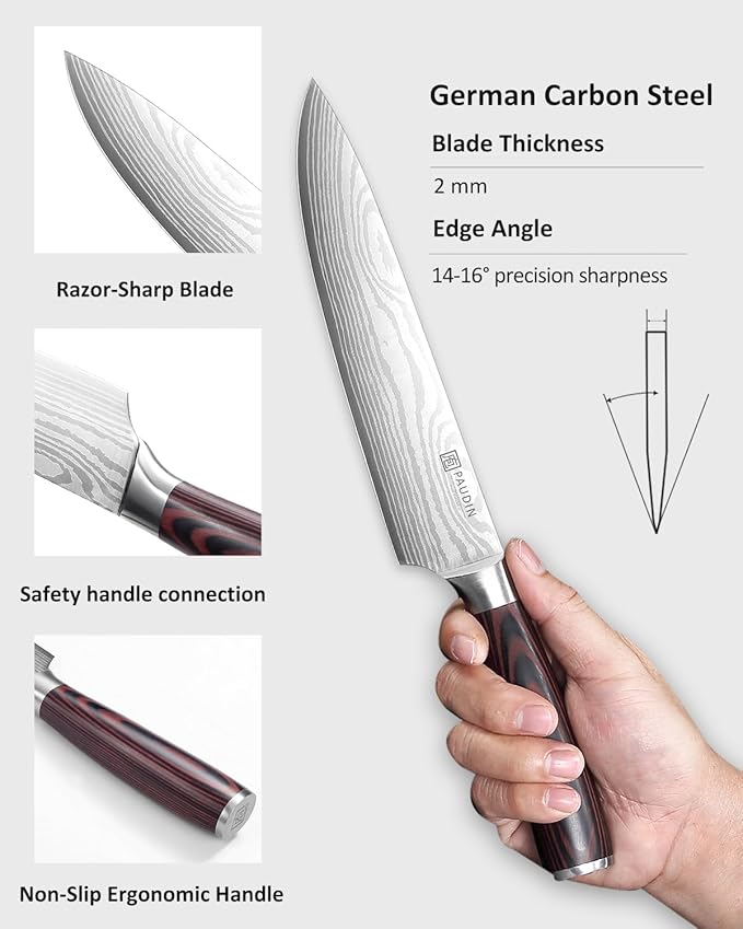 PAUDIN Chef Knife, 9 Inch High Carbon Stainless Steel Sharp Kitchen Knife with Sheath, Pakkawood Handle, Gift Box for Vegetables and Meat