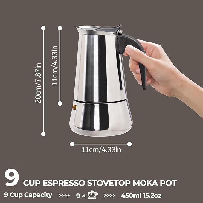 9 Cup 450ml Moka Pot Stainless Steel Espresso Coffee Maker Stovetop Coffeemaker Italian Classic Style Brewing Greca Cafe Mocha Machine for Cafeteras Lover Camping Travel and Home Use 15oz