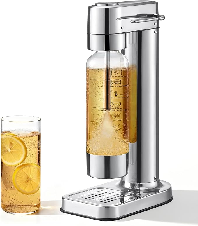 MOKKOM Sparkling Water Maker, Soda Maker with 1L PET Carbonating Bottle, Soda Streaming Machine and Beverage Carbonator, Compatible with 60L CO2 Carbonator (NOT Included) - Stainless Steel