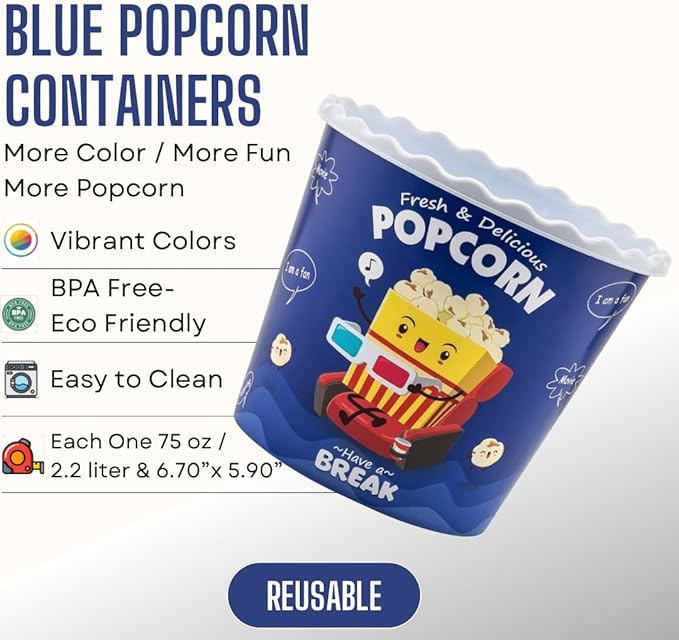 Modern Style Reusable Plastic Popcorn Box/Popcorn Containers/Popcorn Bowls Set for Movie Theater Night - (BPA Free - 6 Pack-75 oz) (6, MIX)