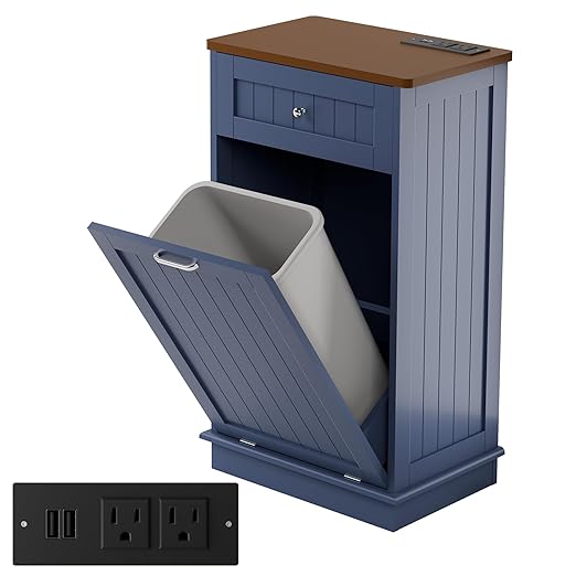 Betterhood Double Tilt Out Trash Cabinet with Power Outlet, 10 Gallon Trash Cabinet with Storage,Pet Proof Trash Can with 2 AC & USB Sockets for Kitchen,Living Room (Blue, Single Door)