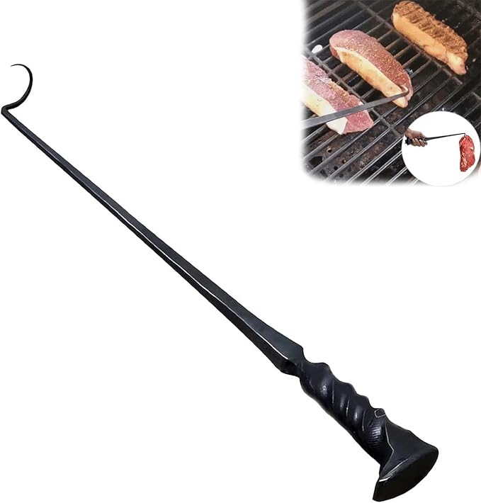 BBQ Turner Hooks, Meat Hook Flipper, Iron BBQF Turner Hooks, Flips Cooking Hooks, BBQ Food Flipper, for Grilling Smoking Frying, Long Handle Meat Hooks (Type A)