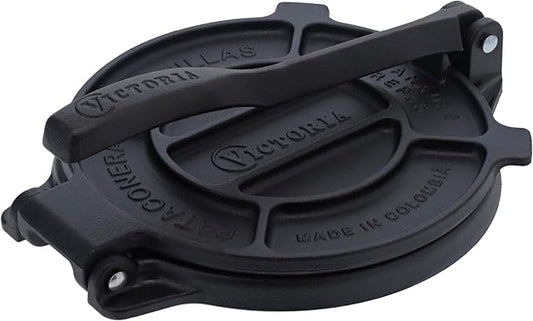 Victoria 8 Inches Cast Iron Tortilla Press, Roti Maker and Tortilladora, Pataconera Seasoned with Flaxseed Oil, Made in Colombia, Traditional Style, Black