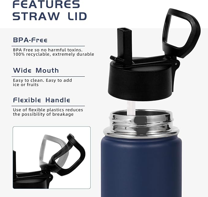 Volhoply 14oz KIds Stainless Steel Insulated Leakproof Water Bottle with Straw Lid and Silicone Boot,BPA-Free Easy Use for Boys&Girls,Double Wall Vacuum Bottles(Navy,1)