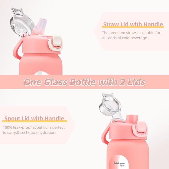 chunmo 24 oz Glass Water Bottles with 2 Lids-Handle Spout Lid & Straw Lid, Motivational Water Bottle with Time Marker and Silicone Sleeve,Leakproof-Pink-1 Pack