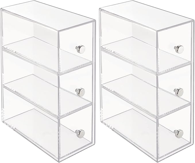 mDesign Plastic Stackable Desktop Organizer Tower Storage Station with 3 Drawers for Home Office - Holds Pens, Sticky Notes, Binder Clips, Notepads, or Gel Pens - Lumiere Collection - 2 Pack - Clear