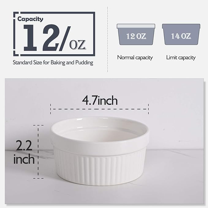 DELLING Ramekins 12 Oz Oven Safe Set of 6, Porcelain Souffle Dish for Baking - Creme Brulee Bowls for French Onion Soup Lava Cake Pudding, Stackable, White
