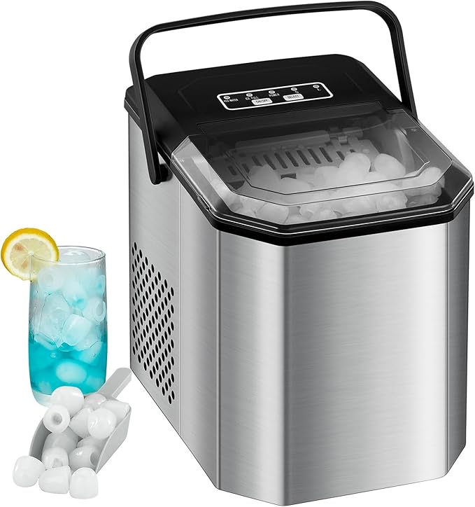 Garvee Countertop Ice Maker, 26 lbs in 24 Hrs, 9 Cubes Ready in 6 Mins with Ice Scoop and Basket, Portable Ice Cube Maker Self-Cleaning, 2 Sizes of Bullet Ice for Home Kitchen Office Bar Party