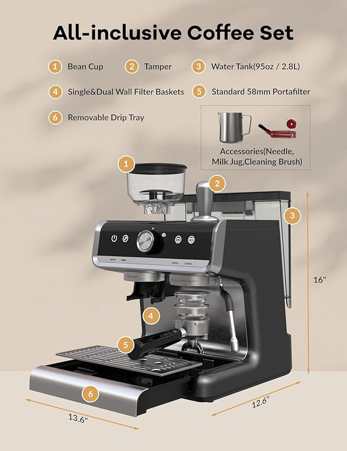 GarveeHome Espresso Machine, 20 Bar Semi Automatic Espresso Machine With Grinder and Milk Frother Wand, Professional Espresso Maker Coffee Machine With 95 oz Removable Water Tank