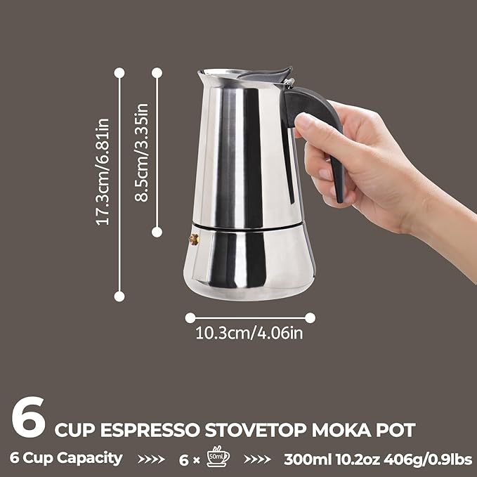 6 Cup 300ml Moka Pot Stainless Steel Espresso Coffee Maker Stovetop Coffeemaker Italian Classic Style Brewing Greca Cafe Mocha Machine for Cafeteras Lover Camping Travel and Home Use 10oz