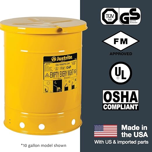Justrite 6 Gallon Galvanized Steel Oily Waste Can, 16" x 12" Metal Oil Rag Safety Can with Hand Operated Self-Closing Lid for Oil Rag Disposal, Made in The USA, Yellow, 09111