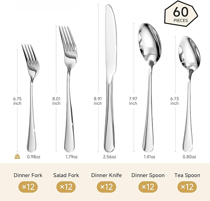 HIKAA 60-Piece Silverware Set for 12, 18/10 stainless Steel Flatware Set, Mirror Polished Cutlery Set, Dishwasher Safe Utensils for Home, Restaurant, Wedding Gift