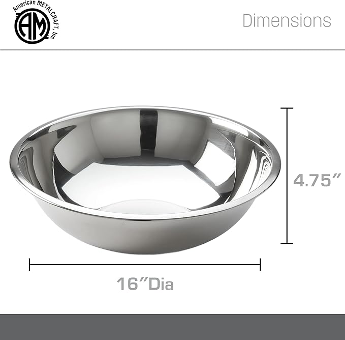 American Metalcraft 16" Stainless Steel Mixing Bowl - 13-Quart Durable Metal Bowls for Mixing, Large Stainless Steel Bowl