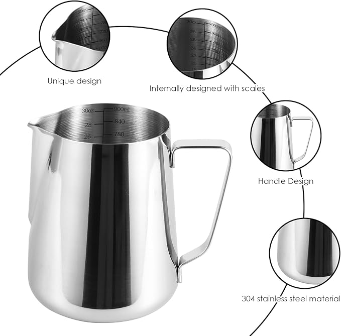900ml Stainless Steel Milk Frothing Pitcher with Measurement Marks, 32oz Steaming Pitcher for Coffee, Cappuccino, Latte Art Milk Jug Cup for Home & Professional Use (1)