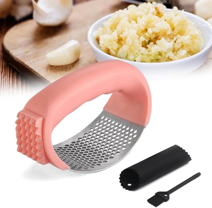 Garlic Press Rocker Stainless Steel, Garlic Crusher with Peeler & Cleaning Brush, Easy to Use Garlic Mincer for Kitchen Cooking, Ergonomic Garlic Chopper Tool, Durable Garlic Presser Gadget (Pink)