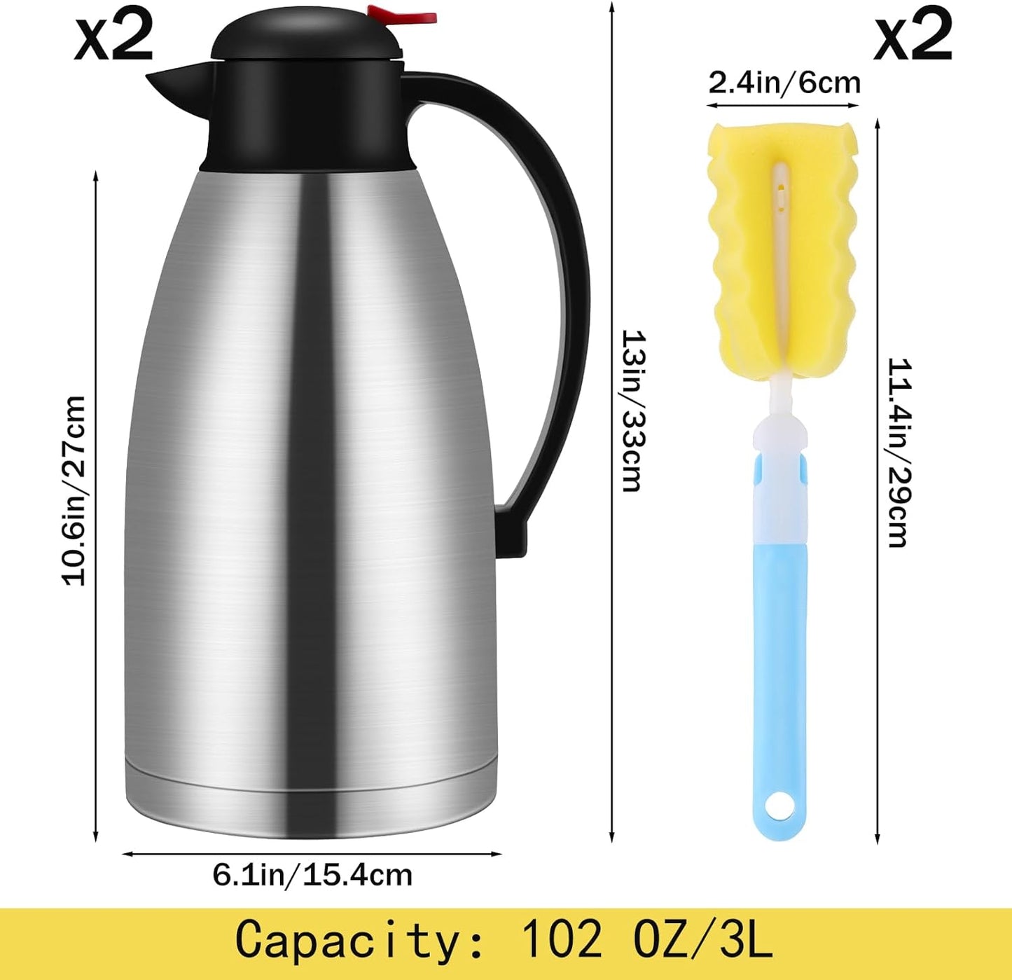 Nuogo 2 Pcs 102 oz Thermal Coffee Carafe Insulated Stainless Steel Carafe Double Walled Vacuum Coffee Thermal Pot with Brush for Home Office Use Keep 24 Hours Hot Water Tea(Silver)