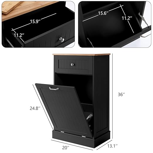 Gitua Tilt Out Trash Cabinet, Freestanding Wooden Kitchen Trash Recycling Cabinet with Drawer & Removable Cutting Board, Dog Proof Trash Can Cabinet, Black