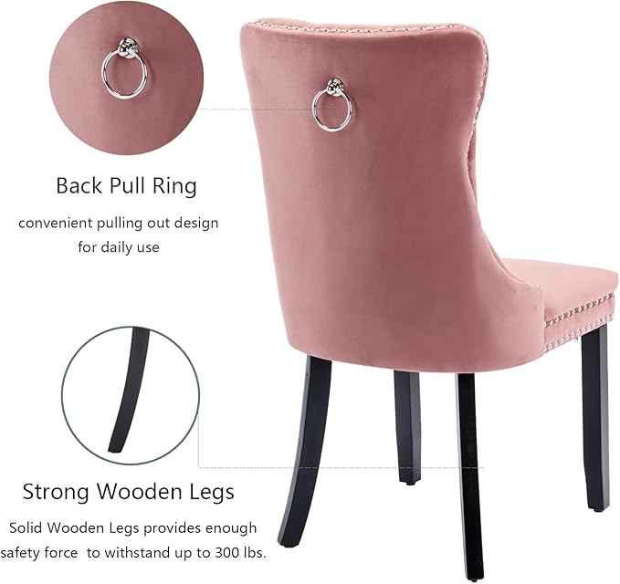 Pink Velvet Dining Chairs Set of 4, Upholstered Dining Room Chairs with Back Ring Pull Trim and Solid Wood Legs, Tufted Wingback Kitchen Chairs for Dining Room,Living Room,Kitchen(Pink)