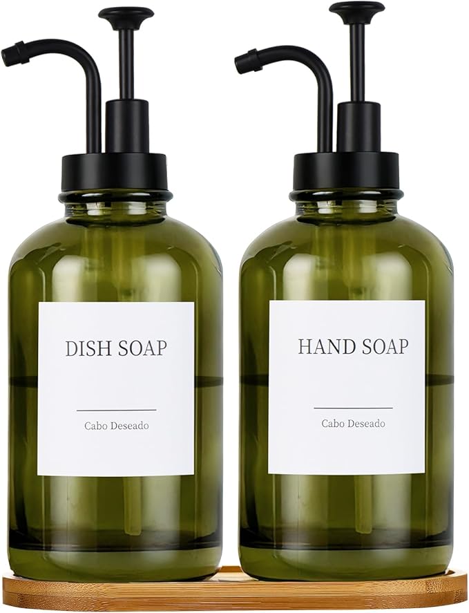 Glass Soap Dispenser with Pump, Dish and Hand Soap Dispenser for Kitchen Bathroom Set, Clear Glass Dispenser Set of 2 Pack with 18 Stickers Funnel Bamboo Tray 500ml 18oz Green