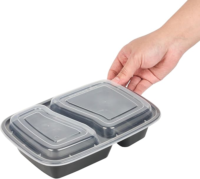 Restaurantware Asporto 32 Ounce Compartment Take Out Boxes 100 Microwavable Meal Prep Containers - 2 Compartments With Clear Plastic Lids Black Plastic Food Containers Do Not Contain BPA