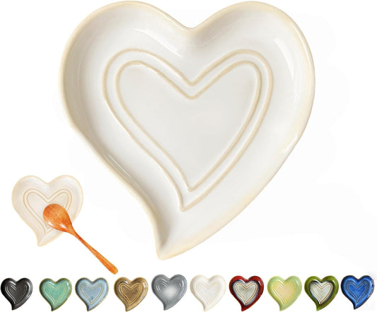 Ceramic Spoon Rest for Stove Top, Heart Cute Spoon Rest for Kitchen Counter, Cooking Spoon Holder for Kitchen Counter, Utensil Rest Spatula Rest Ladle Holder Tong Rest (Retro White)