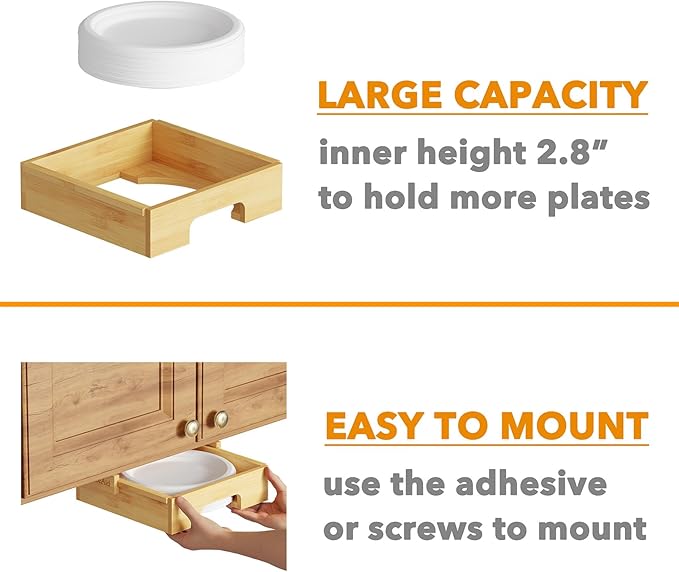 SpaceAid 9-inch Paper Plate Dispenser (Need 10.2 Inches Deep Cabinet Space) Under Cabinet Bamboo Plates Holder, Kitchen Vertical Dipensers Caddy, Bamboo