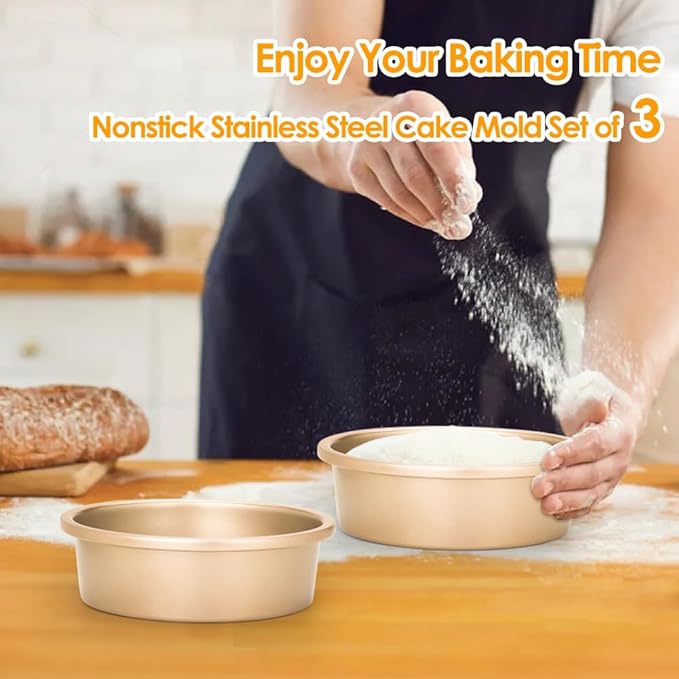 6 Inch Round Cake Pan Set of 3, Nonstick Coating Baking Round Cake Pans with Remvable Bottom for Birthday Layered Cakes,Party, Circle Cake Tins With Wider Grips for Oven Air Fryer, Gold
