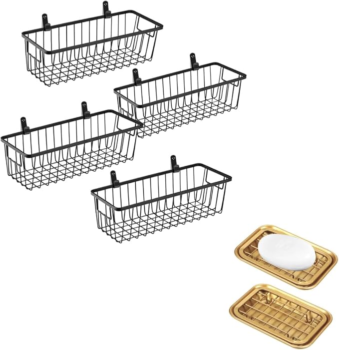 SheeChung 4 Pack Farmhouse Metal Wire Basket Bin with Wall Mount and 2 Pack Bathroom Soap Dishes Tray with Drain Metal Sponges Scrubber Holder Bar Soap Dispenser Saver