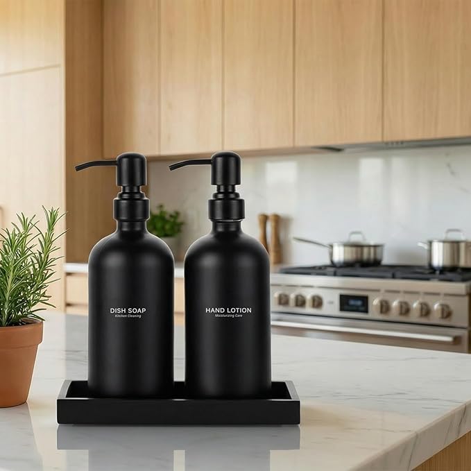 2 Packs Glass Soap Dispenser Set for Kitchen, Hand and Dish Soap Dispenser with Stainless Steel Pump & Resin Tray, Rental-Modern Refillable Countertop Soap Dispenser for Kitchen Hotels,Matte Black