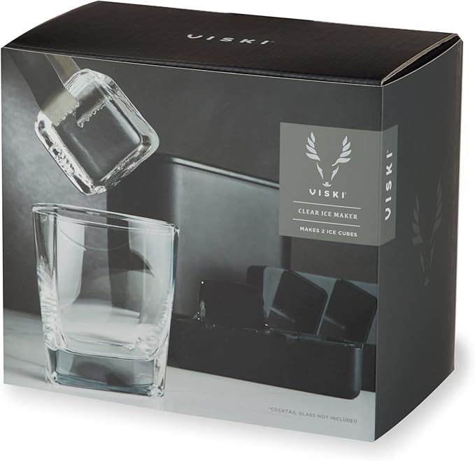 Viski Glacier Ice Maker, Ice Cube Mold for Whiskey on the Rocks, Old Fashioned & Craft Cocktail Drinks, Makes 2 Large Crystal Clear Cubes, Birthday Gifts for Men, Home Bar Accessories, Set of 1, Black