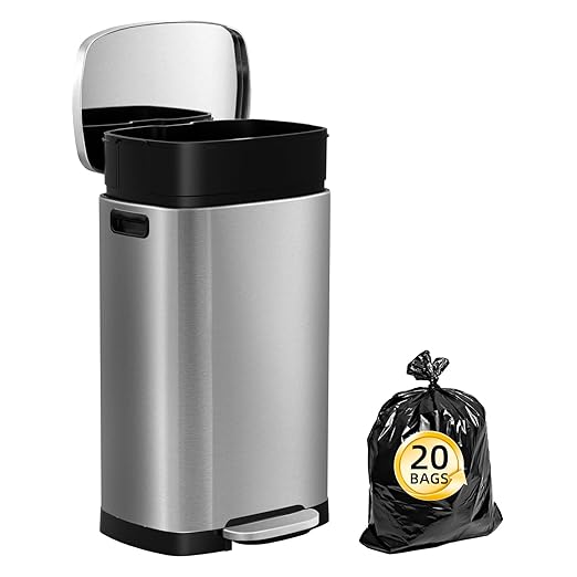KdbK 13 Gallon Trash Can with Lid, 50L Fingerprint Proof Stainless Steel Kitchen Trash Can with Removable Inner Bucket and Lid Soft Close, Pedal Rubbish Bin for Home Office