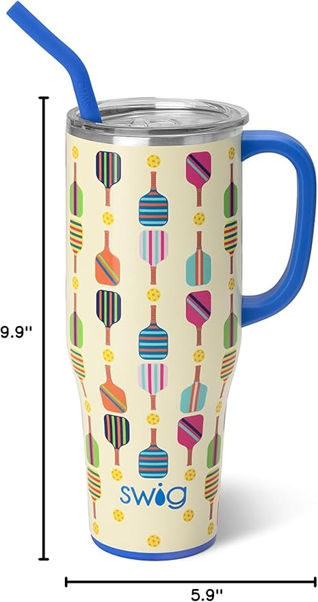 Swig Life 40oz Mega Mug, 40 oz Tumbler with Handle and Straw, Cup Holder Friendly, Dishwasher Safe, Extra Large Insulated Tumbler, Stainless Steel (Pickleball)