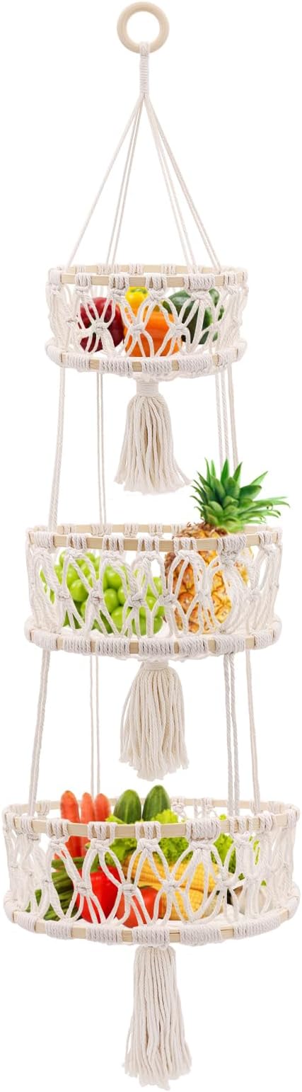 3 Tier Hanging Basket, Macrame Hanging Basket for Fruit and Vegetable Storage, Cotton Rope Woven Baskets for Kitchen, Decorative Boho Decor Hanging Plant Holder