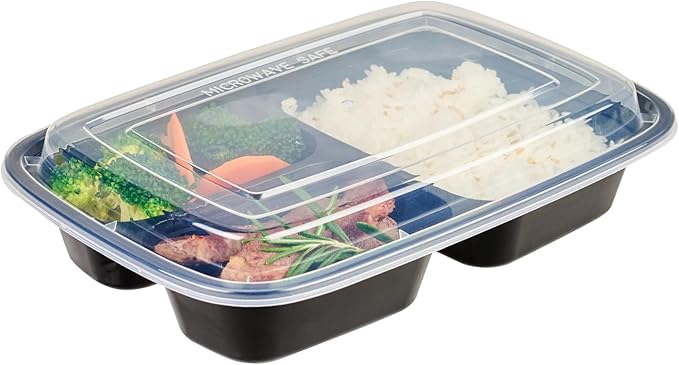Restaurantware Asporto 26 Ounce Compartment Take Out Boxes 100 Microwavable Meal Prep Containers - 3 Compartments With Clear Plastic Lids Black Plastic Food Containers Do Not Contain BPA