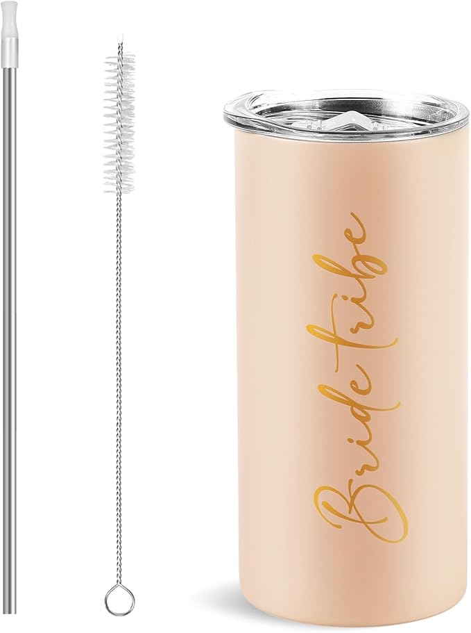 Bride Tribe Gifts Wedding Gifts for Guests Bachelorette Party Favors Bridesmaid Cups Bridal Shower Stainless Steel Skinny Tumbler with Lid and Straw 15 OZ Pink