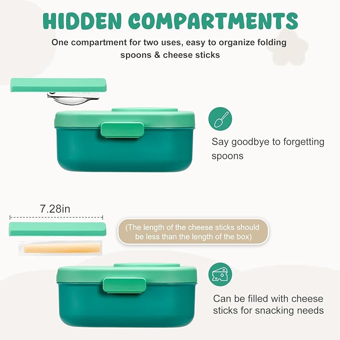 Bento Lunch Box with 12oz Soup Thermo,4 Compartments Lunch Box Containers, Spoon&Sauce Jar, BPA Free&Leak proof,Insulated Food Jar for Travel (Green)