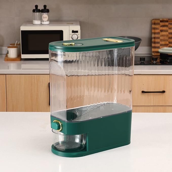 Sooyee Clear Rice Dispenser, Large Grain Container Storage with Lid Measuring Cylinder Moisture Proof Household Cereal Dispenser Bucket for Kitchen Soybean Corn,Clear and Green