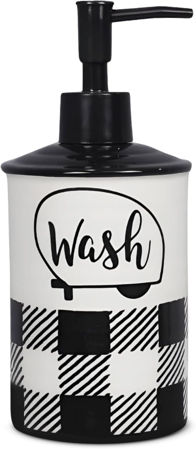 Young's Inc Ceramic Soap Dispenser, Happy Camper Buffalo Plaid Shampoo and Conditioner Dispenser, Modern Bathroom Essential with Plastic Pump, 5"