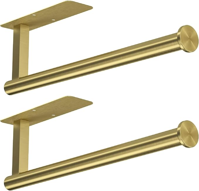 ASTOFLI Paper Towel Holder Under Cabinet No Drilling, Self Adhesive Paper Towel Holder Wall Mount for Kitchen Rack, Under Counter Napin Holder No Drill, RV, 304 Stainless Steel, Gold Brass 2 Pack
