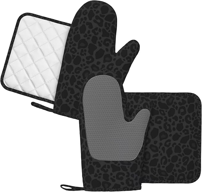 Black Leopard Oven Mitts and Pot Holders Sets Silicone Leopard Print Kitchen Oven Mitts Hot Pads Heat Resistant Cheetah Print Potholders Kitchen Mitts Set for Baking BBQ Cooking