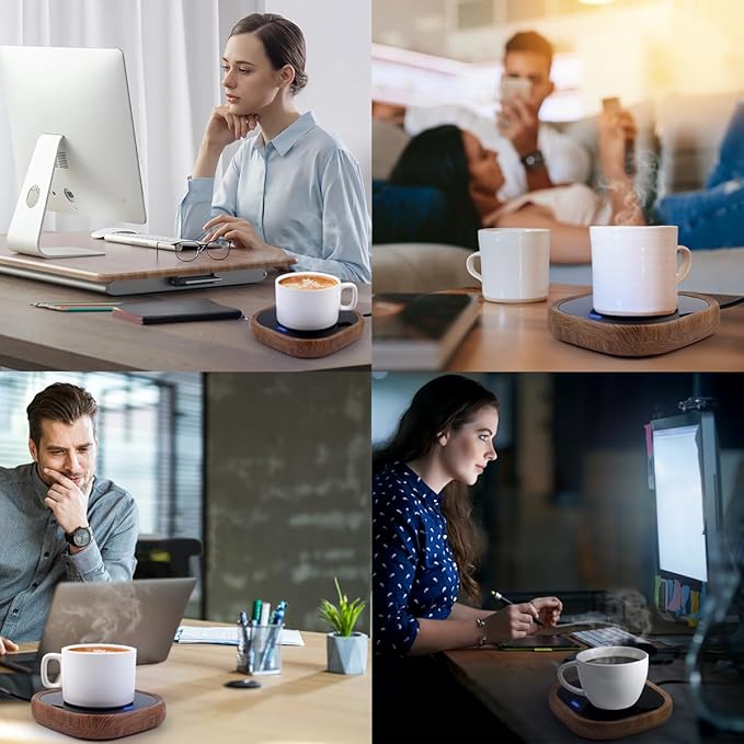 Coffee Mug Warmer for Desk - Wooden Auto Shut Off Drink Warmer for Milk Tea Water Cocoa - Smart Beverage Heating Candle Wax Plate