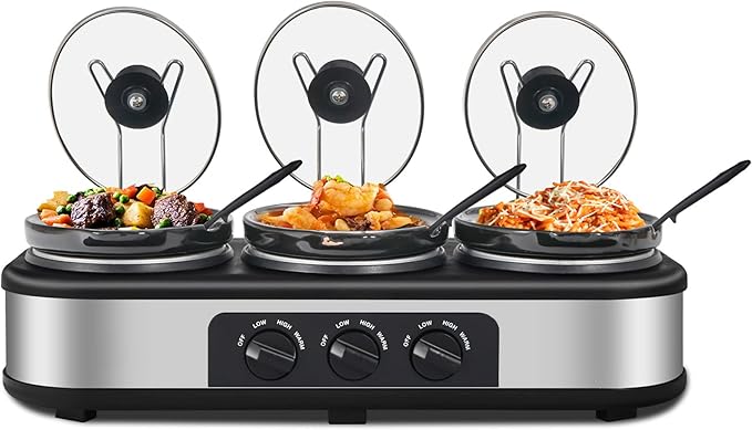 Triple Slow Cooker, 3×1.5 QT Buffet Servers and Warmers, 3 Pots Buffet Slow Cooker Adjustable Temp Lid Rests Stainless Steel Manual Silver for Parties Holidays Families