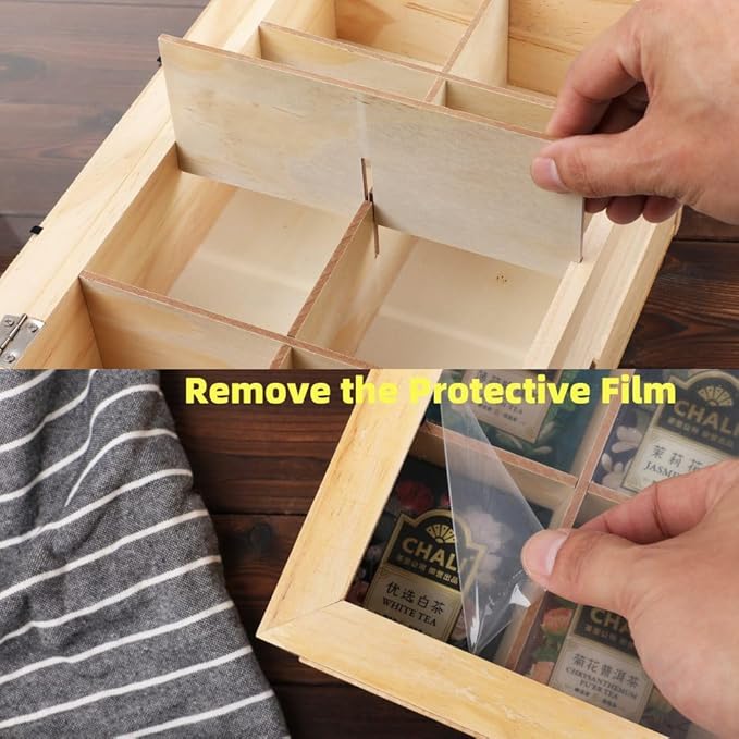Tea Bag organizer Storage Box with Drawer Tea Organizers with Clear Acrylic Window Wooden Tea Box for Countertop with 8 Compartments Teabag Holder with 4 Cotton Woven Coasters（WWood02）