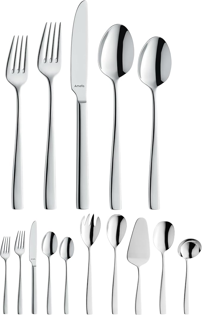 Amefa 45-Piece Flatware Cutlery Set, Service for 8 - Dishwasher Safe 18/10 Stainless Steel, High Gloss Mirror Finish & Ergonomic Design, Complete Silverware Collection - 5-Piece Serving Set (Martin)