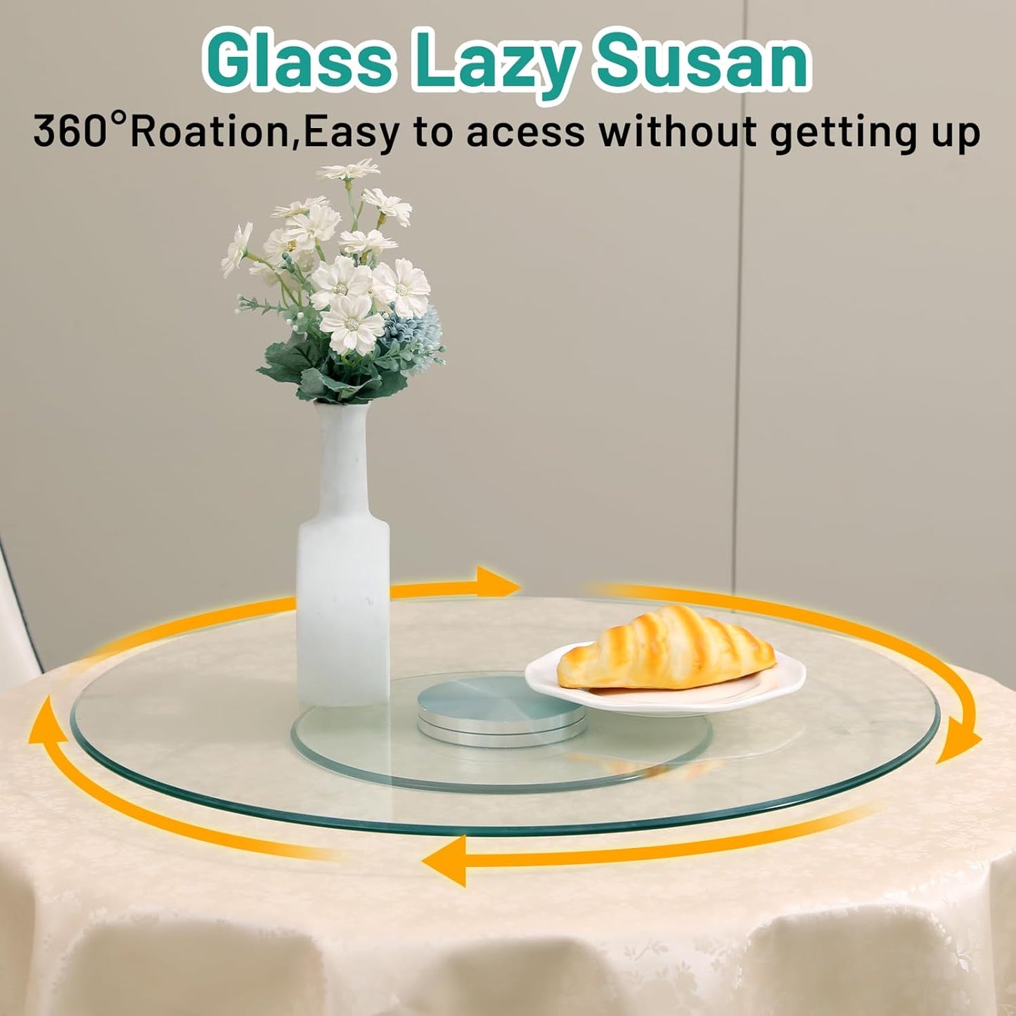 30-Inch Lazy Susan Turntable for Dining Table, Tempered Glass, 360° Rotation, Anti-Tip Design with 6 Rotating Wheels, Perfect for Parties, Weddings, and Family Dinners (30 inch)