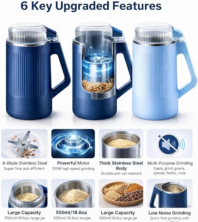 YZJSM Electric Coffee Grinder, 550ML Large Capacity Electric Blade Grinder with 8 Stainless Steel Blades, Multifunctional Grinder for Coffee Beans, Spices, Herbs, Grains & Baby Food﻿ (light blue)