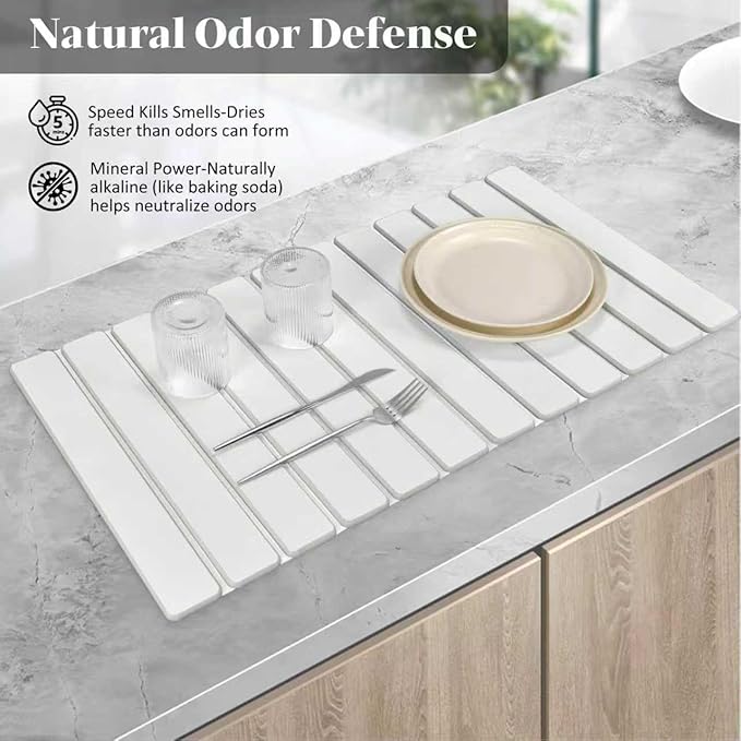Large Stone Dish Drying Mat – 28" x 16" Fast Drying Absorbent Collapsible Dish Drying Mat, Diatomaceous Earth Mat, Eco-Friendly Mat for Kitchen Utensils & Gadgets, Match Any Countertop